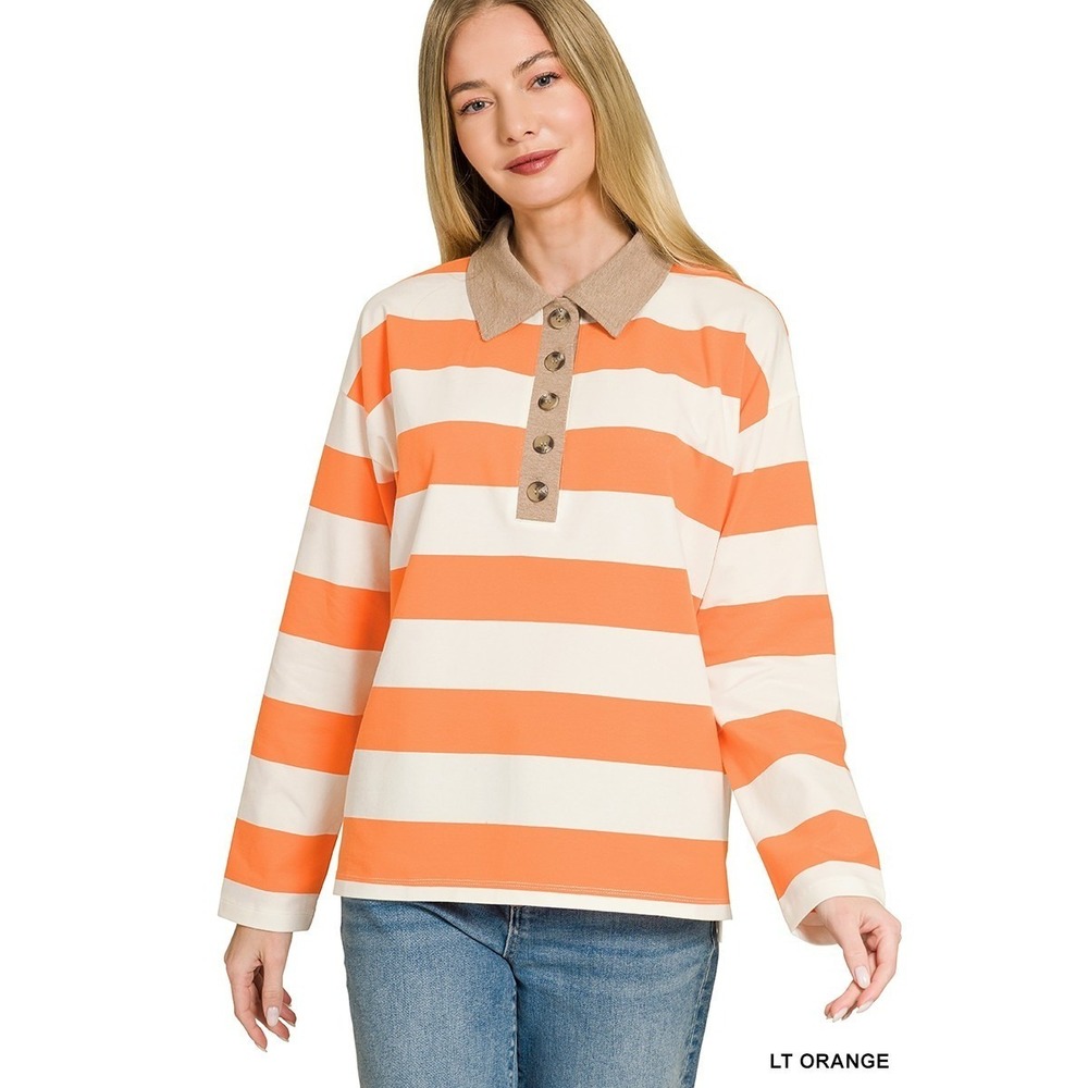 Zenana Striped Contrast Collar Polo Top - Lt. Orange - Medium‎